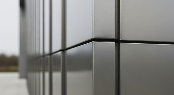 Close-up detail of modern building facade cladding, featuring geometric silver metal panels and sharp architectural lines.