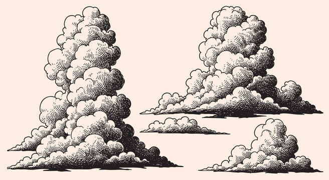 Classic-style sketches of various fluffy clouds and sun, engraved  in monochrome colored
