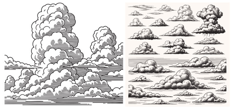 Cloud and cloudiness vintage sketches. Vector hand drawn sky of ancient engraved fluffy clouds, antique map elements