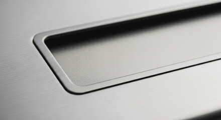 Abstract macro detail of a modern recessed metal handle on a brushed silver surface, industrial texture background.
