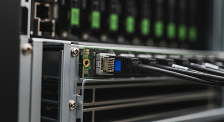 Ethernet cables connected to a network switch or server module in a modern data center environment.