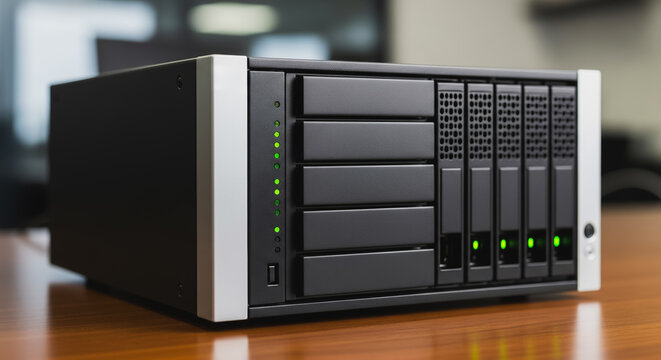 Network Attached Storage (NAS) or RAID enclosure on a desk, showing multiple hard drive bays and active status lights for data backup and server technology.