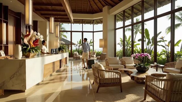 Luxurious tropical resort lobby with attentive concierge service and expansive views of lush greenery and palm trees a serene welcome for discerning travelers