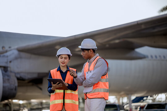 Person mechanic inspecting aircraft engine in hangar, professional aviation maintenance, engineer checking turbine, ensuring safety, repair service, aerospace industry, indoors.

