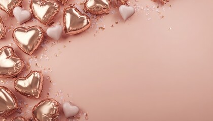 Numerous rose gold metallic heart-shaped balloons and small white solid hearts adorn the upper left corner against a soft pink background