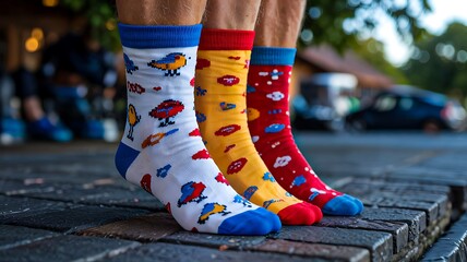 Colorful mismatched socks worn on feet for world down syndrome day awareness