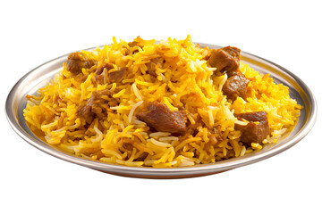 Biryani-style spiced rice with meat on metal platter for Ramadan iftar, isolated on transparent background