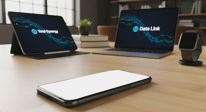 Digital workspace setup with smartphone mockup, laptop, tablet, and smartwatch showing data connectivity and synchronization - Powered by Adobe