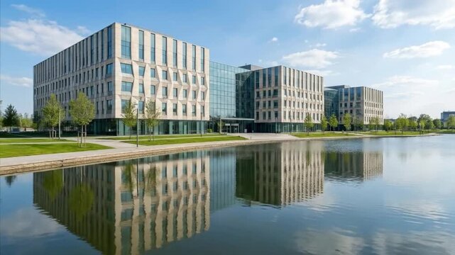 This serene wide shot captures a cluster of contemporary office buildings with striking architectural details, including sleek glass facades and textured stone elements, reflecting beautifully upon th