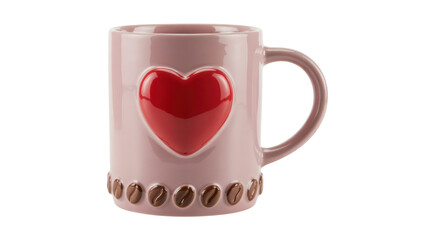 Light pink ceramic mug with a glossy red heart and textured coffee beans at the base captured in studio lighting with a romantic and cozy mood