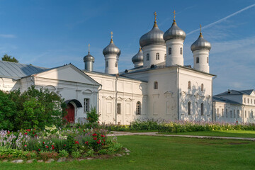 Church of the Nativity of Christ (Spassky Cathedral) of the St. George (Yuriev) Monastery on a sunny summer day, Veliky Novgorod, Russia