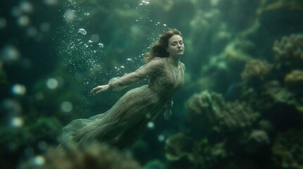 Surreal Underwater Portrait of a Woman Floating Gracefully with Bubbles in Green Depths