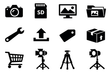 Solid glyph digital media and business icon set featuring photography, storage, e-commerce, and utility symbols for web and application design