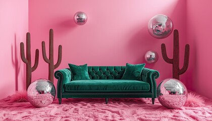 Modern surreal interior scene with a green velvet sofa placed inside a pink fantasy environment with abstract decorative elements.