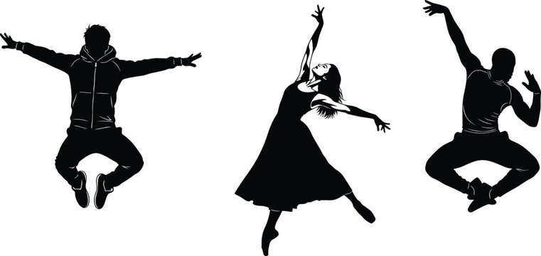 Set of dynamic dance silhouettes featuring contemporary male and female dancers in mid-air jumps and graceful poses