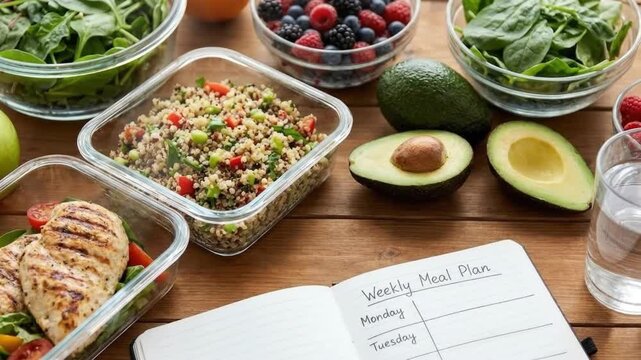 This vibrant overhead shot showcases a meticulously organized healthy meal preparation setup on a rustic wooden table. Various nutritious components are neatly arranged, including glass containers fil