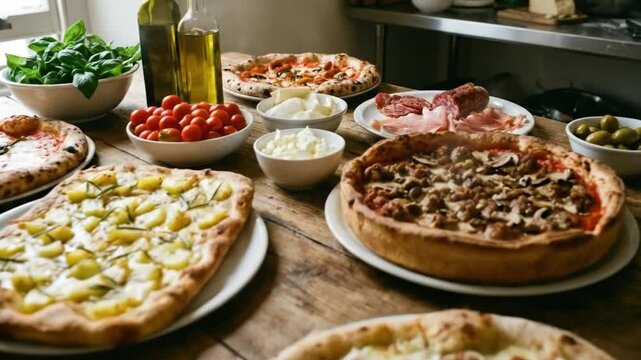 This vibrant scene captures a tempting spread of freshly prepared pizzas and their essential ingredients arranged on a rustic wooden table. Various pizza styles are featured, including classic round p