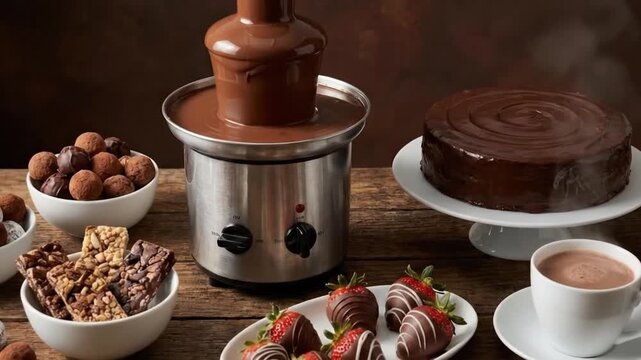 This vibrant scene captures an inviting spread of decadent chocolate treats, perfect for any celebration or sweet indulgence. A stainless steel chocolate fountain gracefully cascades rich, melted choc