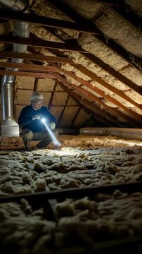 Caucasian man with flashlight inspecting home attic insulation. Professional service for house maintenance. Vertical video