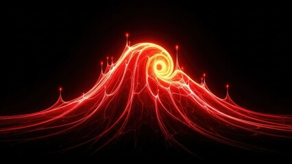 A vibrant red light installation in the shape of a mountain against a dark background