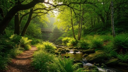 Serene forest path in morning mist