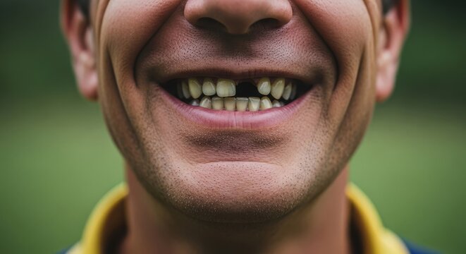Close up of a man with a missing tooth smiling broadly outdoors