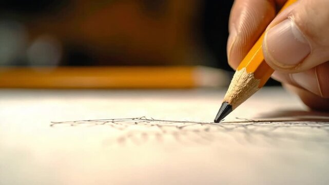 Close-up of hand drawing with sharp yellow pencil on paper, creative process.
