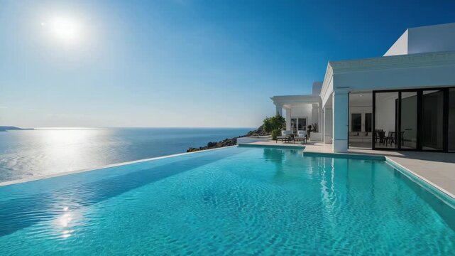 Luxury villa infinity pool overlooking calm ocean horizon under sunny bright midday terrace luxury
