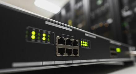 Network switch panel with active green indicator lights showing data transmission in a server rack.