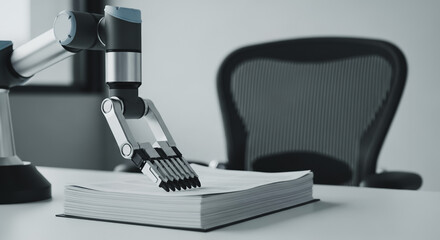 Automated knowledge processing, robotic arm reading a book on a desk, AI and future office automation concept.
