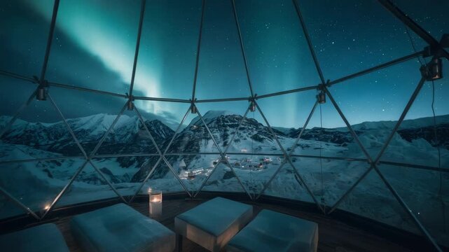 Glass dome igloo cabin interior with panoramic view of northern lights aurora borealis over snowy