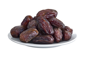 Obraz premium Pile of dried dates on white plate for Ramadan iftar, isolated on transparent background