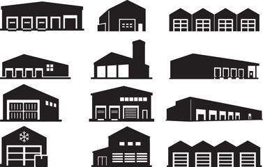 Industrial warehouse and logistics building set with storage factory icons, industry, distribution, and commerce in a modern design
