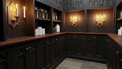 Gothic revival pantry with dark oak cabinetry stone flooring candlelight ornate detailing dramatic tones heritage atmosphere