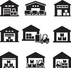 Warehouse logistics icons set with forklift trucks storage buildings and delivery facilities, factory, industry, distribution, and commerce in a modern design
