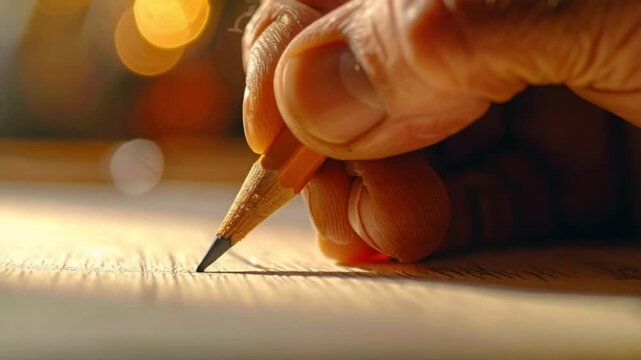 Detailed shot of a hand writing with a sharp pencil on old paper