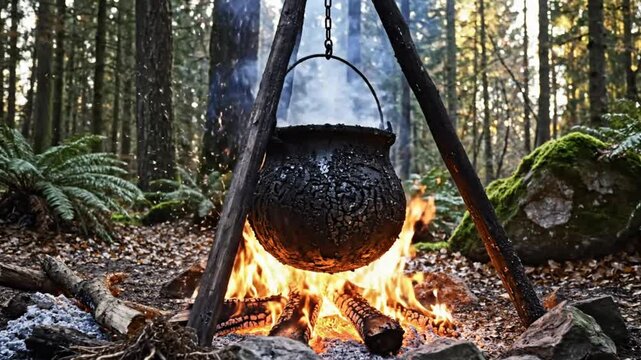 Black cauldron hanging over a crackling fire in a beautiful forest scene, cooking outdoors