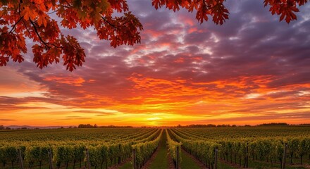 Vibrant sunset over a lush vineyard with autumn leaves framing the sky