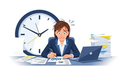Woman Working Late at Office Desk.