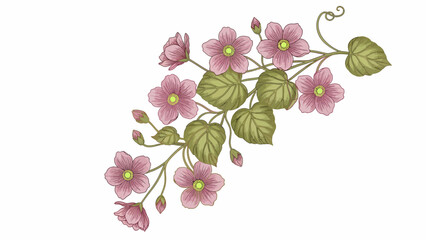 Delicate pink flowers with green leaves on a winding vine.