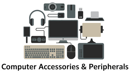 Set of computer and technology vector icons featuring a laptop, monitor, and mobile devices as flat illustration symbols for web, business, and network design