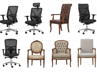 Collection of various office chairs isolated on transparent background