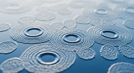 Abstract blue background with detailed concentric circular ripples, macro texture of water drops or microscopic biological growth.