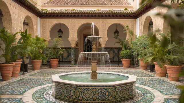 Ornate tiled courtyard fountain with flowing water, tiled mosaic and arched colonnade