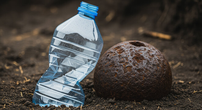 Environmental pollution concept: Crushed plastic bottle and rusty unexploded ordnance (UXO) lying on dark, fertile soil.