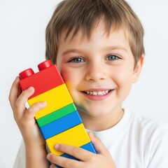 Obraz premium Young Boy Holding Colorful Toy Brick.