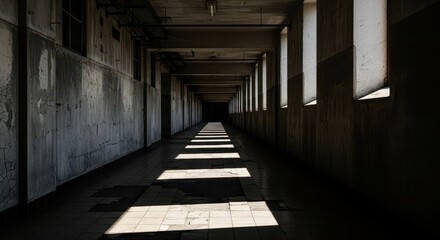 Fototapeta premium Long, dark, and decaying institutional corridor illuminated by stark sunlight through side windows