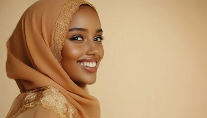 Fototapeta premium Young woman wearing a light brown headscarf smiles warmly against a plain background