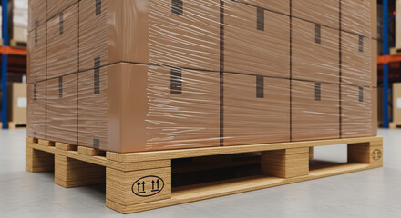 Palletized stack of cardboard boxes wrapped in stretch film ready for shipment in a warehouse setting, logistics and supply chain concept 3D render