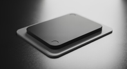 Close-up 3D render of a modern black processor chip module, technology and computing concept.